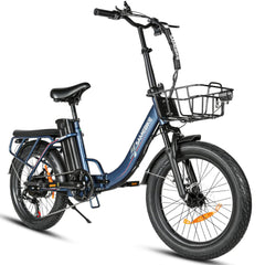 A blue and black folding electric bicycle with a front basket, rear cargo rack, and fat tires, shown on a clean white background.