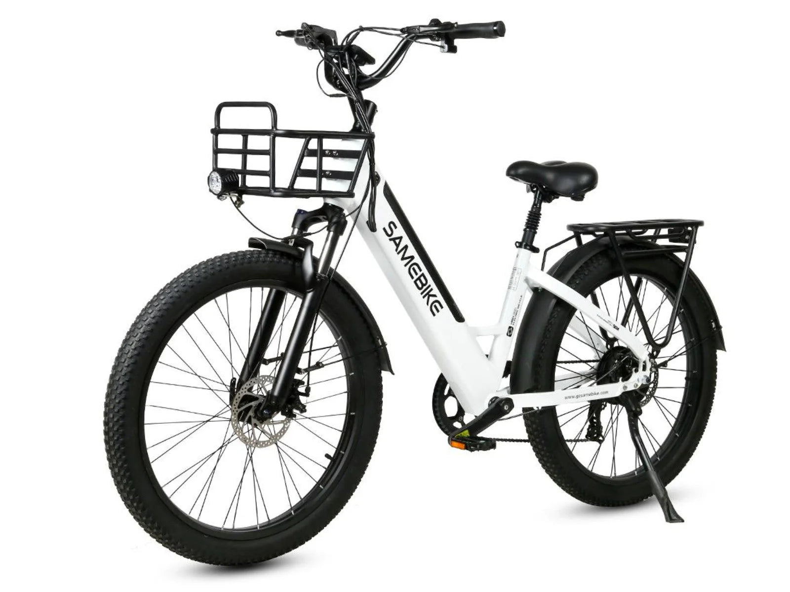 White Samebike RS-A01 Plus E Bicycle with a black basket on a white background