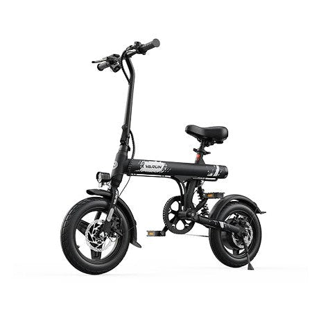 Black VARUN C14-1 Compact Folding Electric Bike on a white background - Pogo Cycles