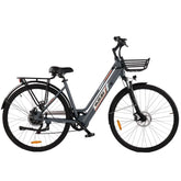 Gray VARUN C7008 Urban Electric Bike with a basket on a white background - Pogo Cycles, Ireland