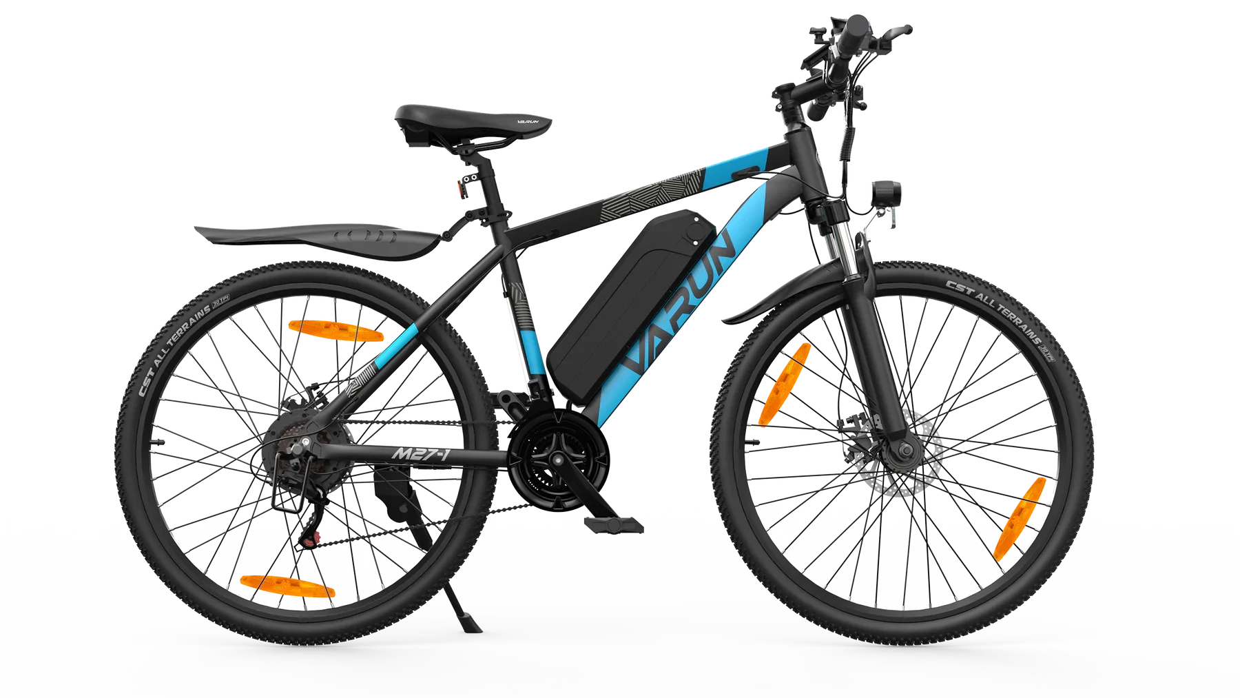 Black VARUN M27-1 Electric bicycle with blue accents on a white background