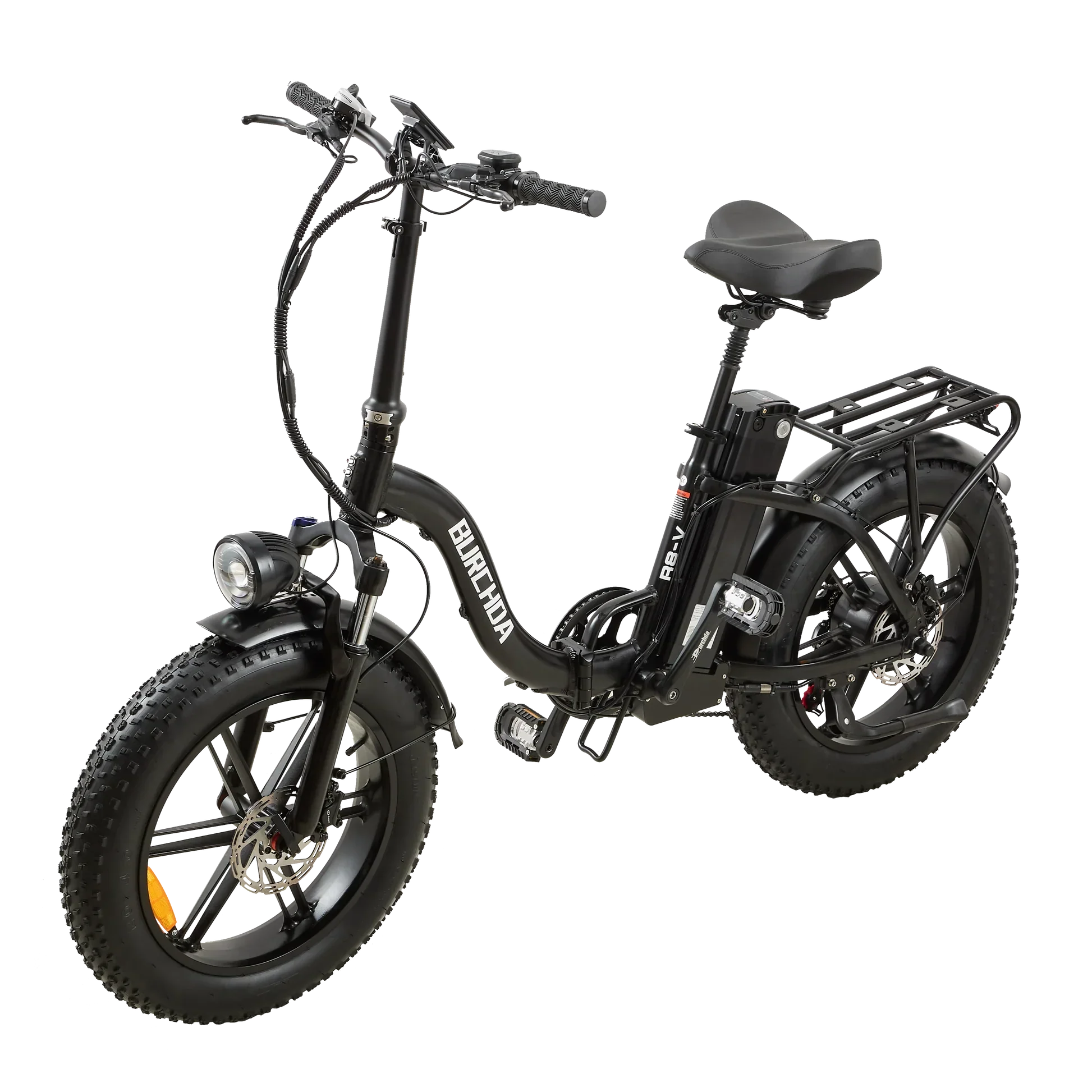 Black electric bike with a visible brand logo on a white background