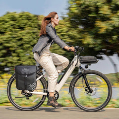A girl riding Fiido C11 city Electric Bike in city - Pogo Cycles, Ireland