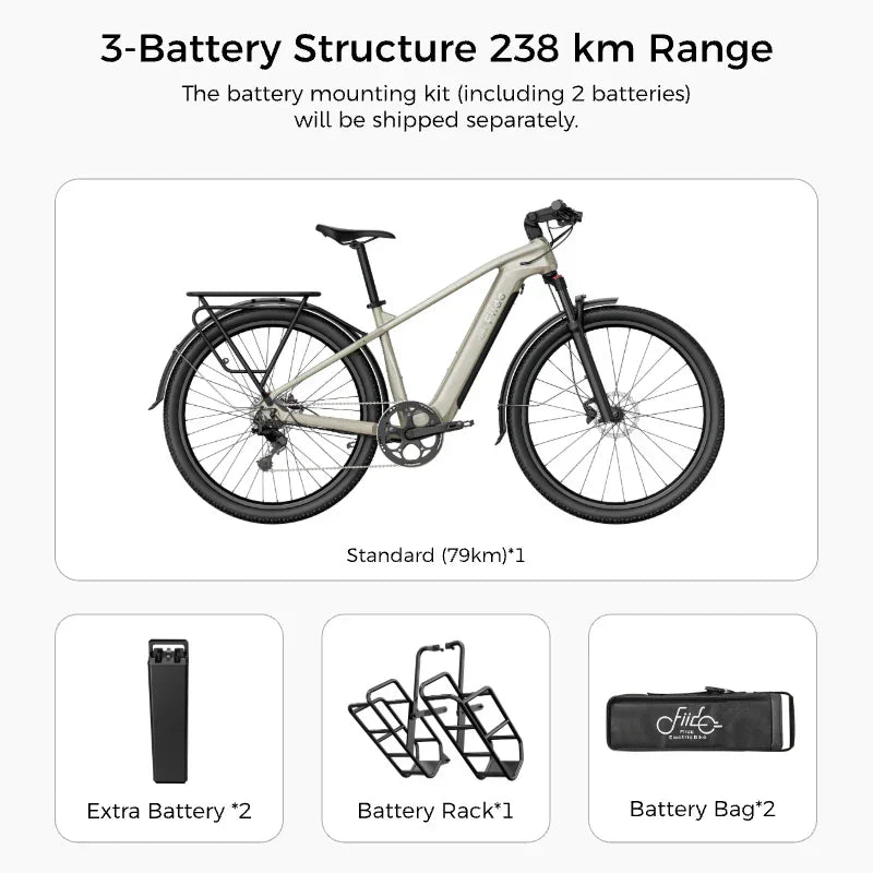 Electric bike with battery accessories on a white background
