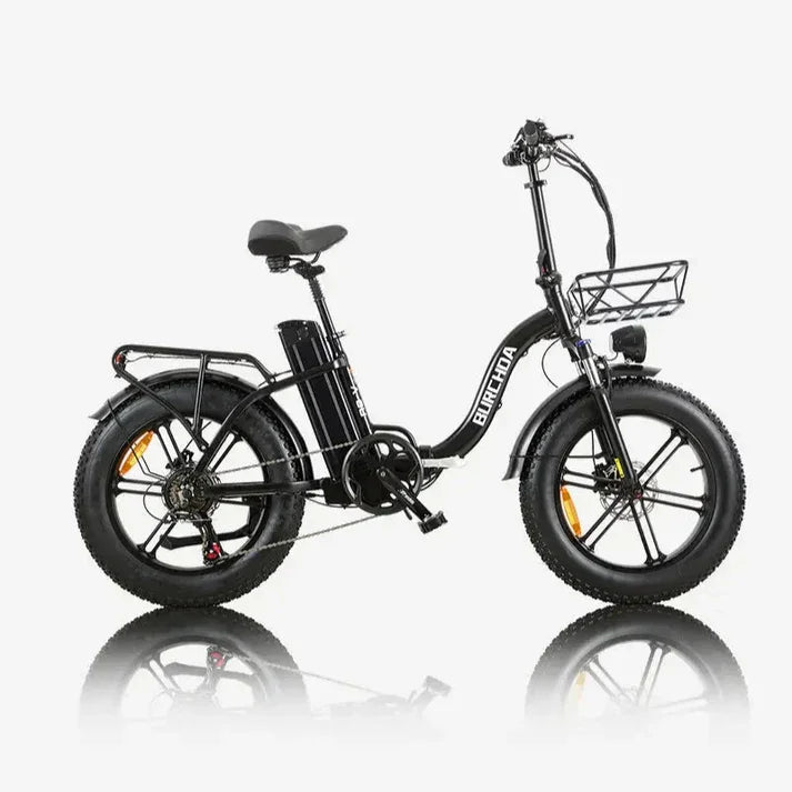 Black electric bike with a basket on a white background