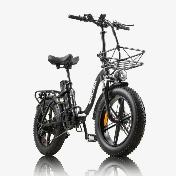 Black electric bike with a basket on a white background