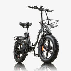 Black electric bike with a basket on a white background