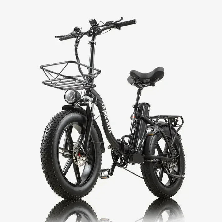 Black electric bike with a basket on a white background