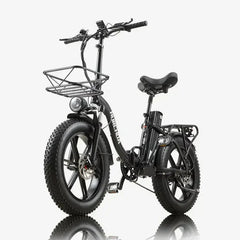 Black electric bike with a basket on a white background