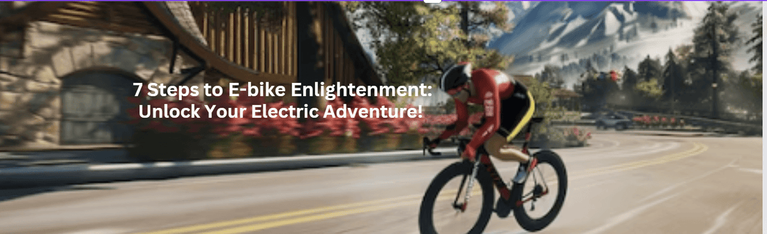 Cyclist riding electric bike on scenic mountain road with Pogo Cycles e-bike adventure text