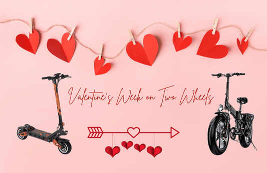 Valentine's Week electric bike and electric scooter promotion with red hearts at Pogo Cycles