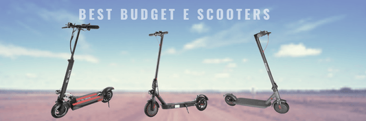 Three electric scooters, including Kugoo and Monorim models, side view on open landscape background