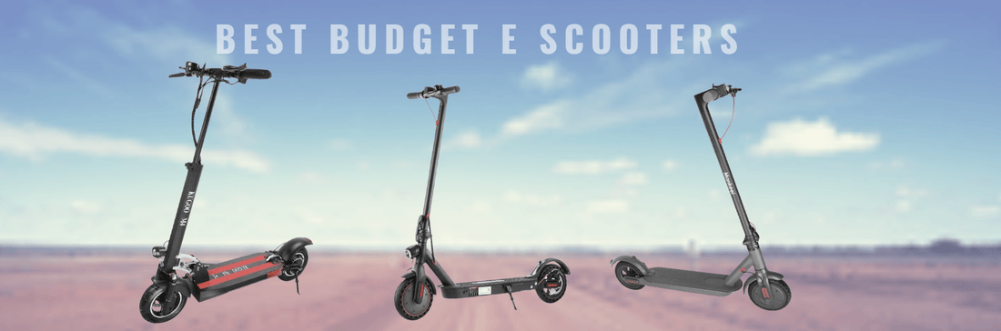 Three budget electric scooters on display outdoors with 'Best Budget E Scooters' text, Pogo Cycles