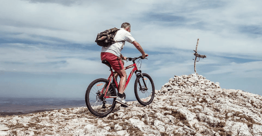 Man riding electric mountain bike on rocky hilltop, scenic view, Pogo Cycles e-bike adventure