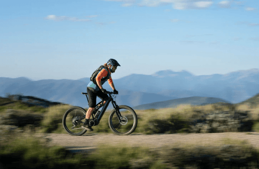 Cyclist riding electric bike on mountain trail, scenic view, Pogo Cycles e-bike route