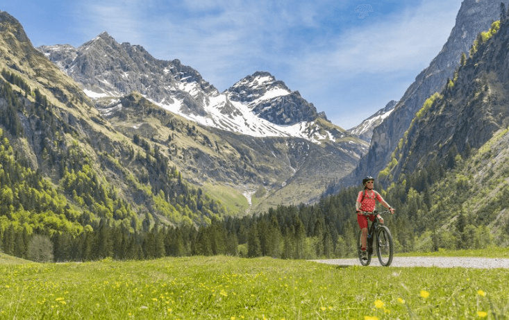 Cyclist rides electric bike through scenic mountain valley on sunny day, Pogo Cycles style