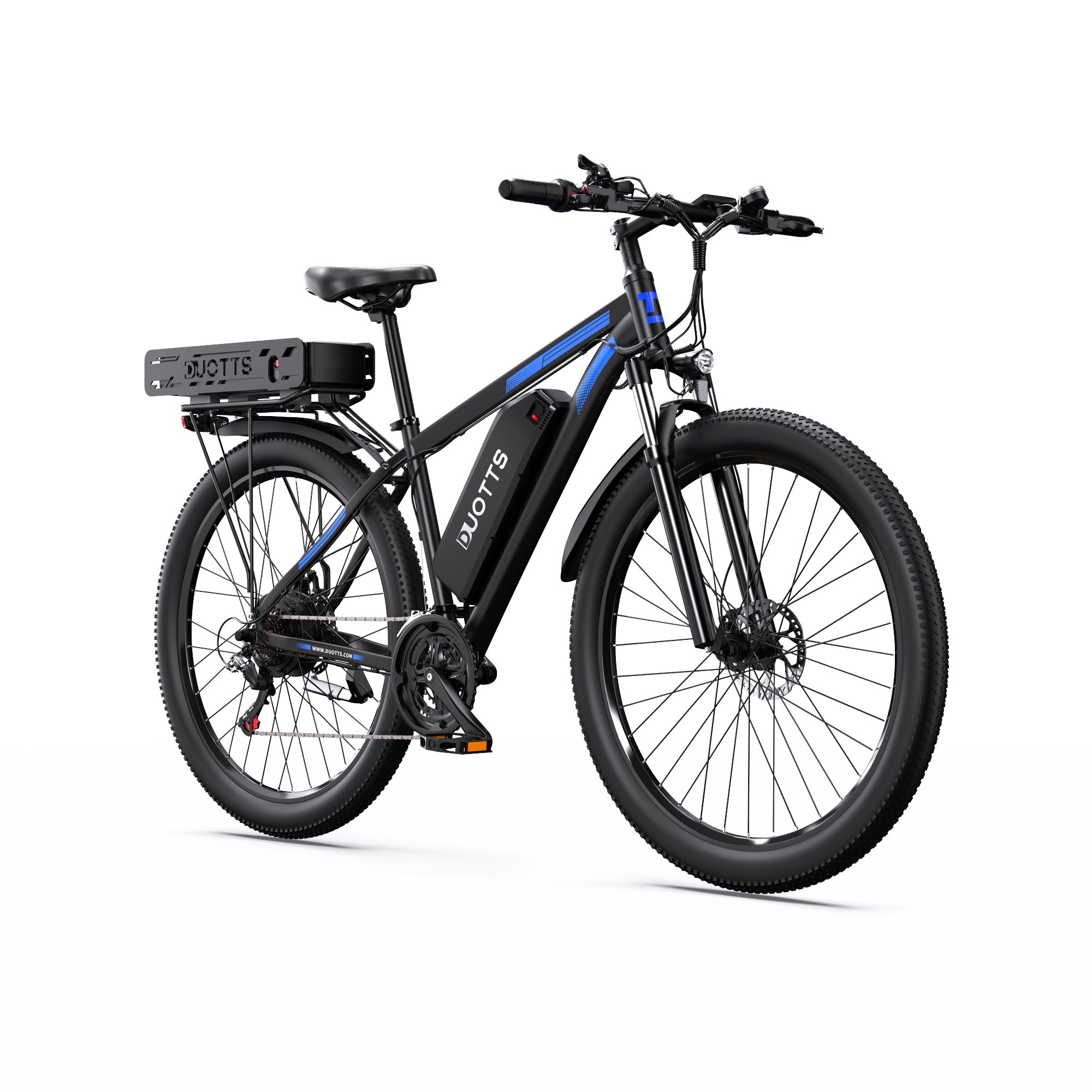 Black Duotts C29 K electric bicycle with blue accents on a white background
