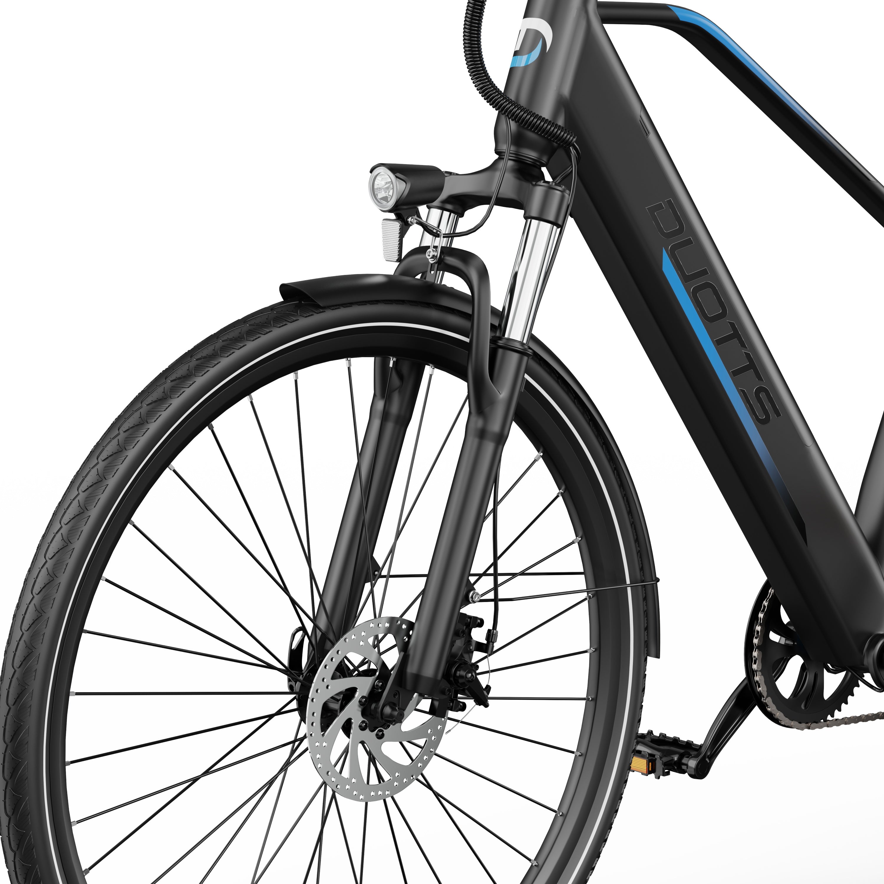 Black DUOTTS C29 Lite Electric  bicycle with blue accents on a white background