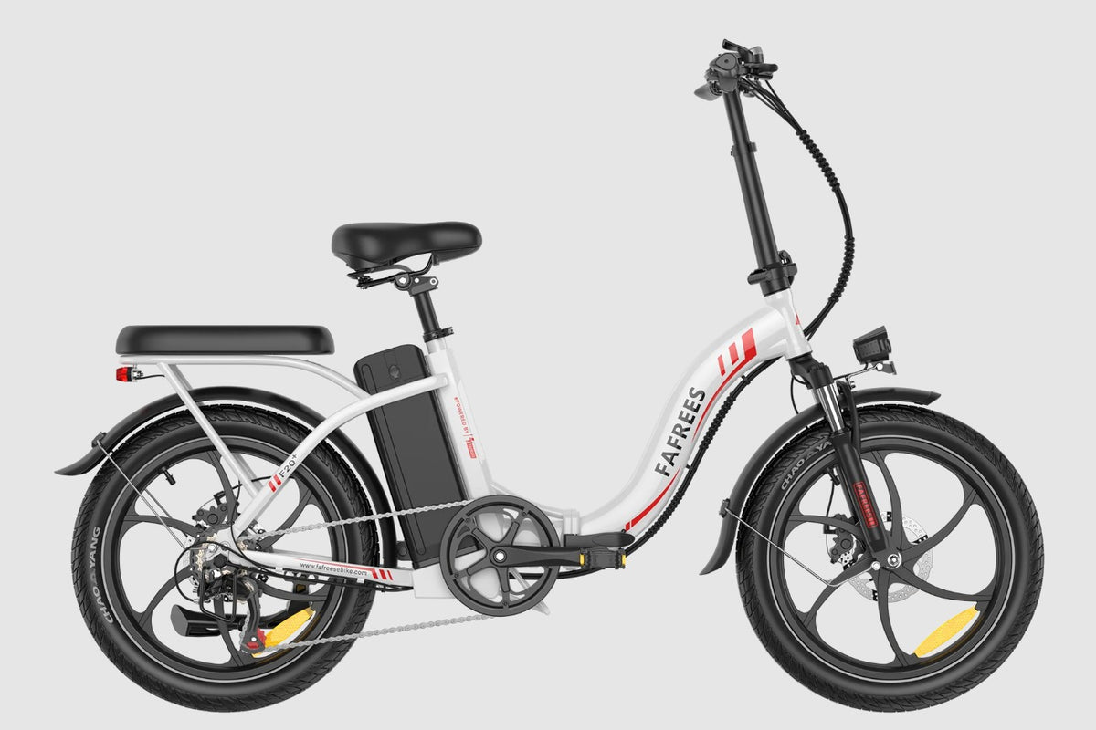 White Fafrees F20 Plus Folding Electric Bike with black seat on a light gray background
