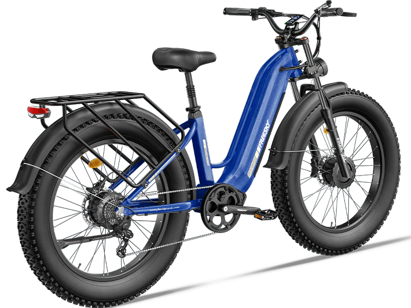 Freesky Ranger M-540 Dual-Motor Step-Thru Ebike in blue with black tires on a white background