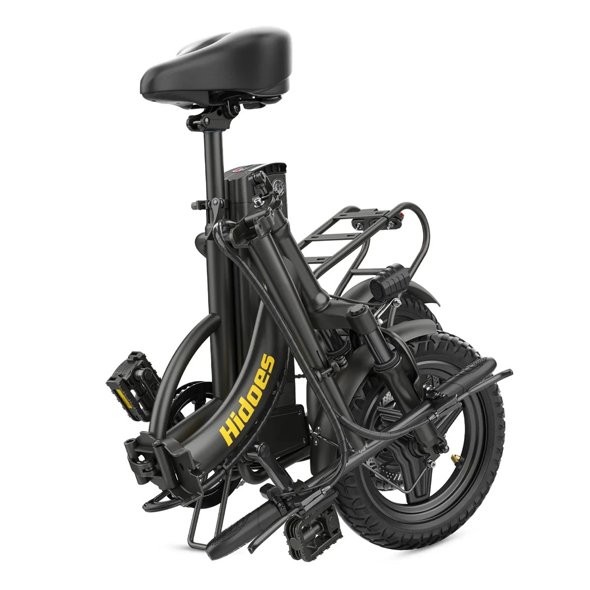 Black folding bike with 'Hideos' branding on a white background
