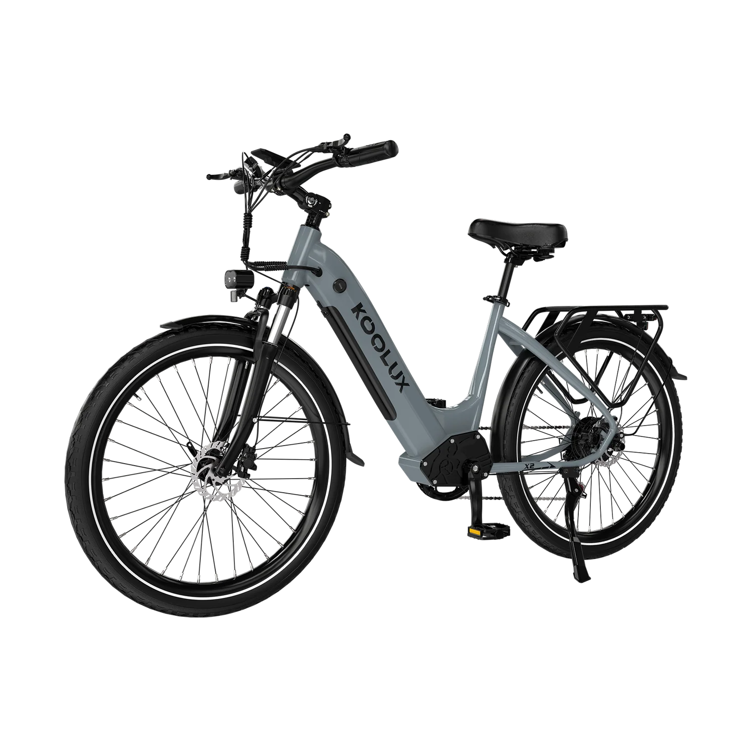 Gray KOOLUX X2 Step-Thru Electric Bike with black wheels on a white background - Pogo Cycles, Ireland
