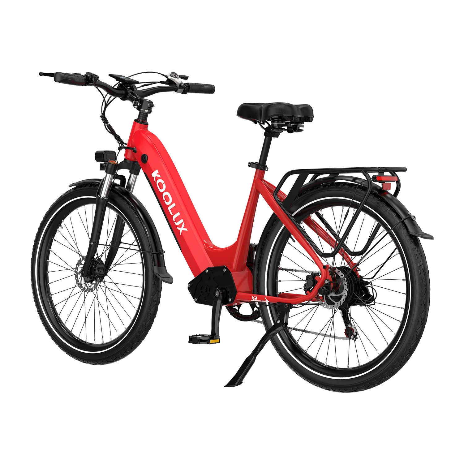 Red KOOLUX X2 Step-Thru Electric bicycle with black components on a white background - Pogo Cycles, Ireland