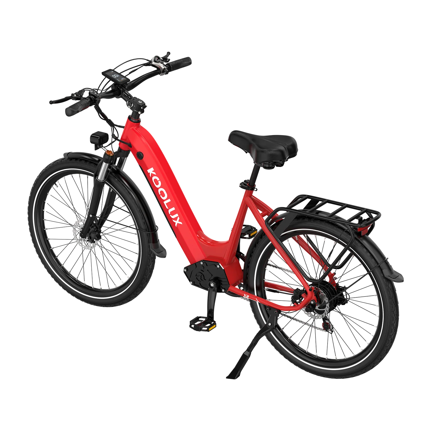 Red KOOLUX X2 electric bicycle with black components on a white background