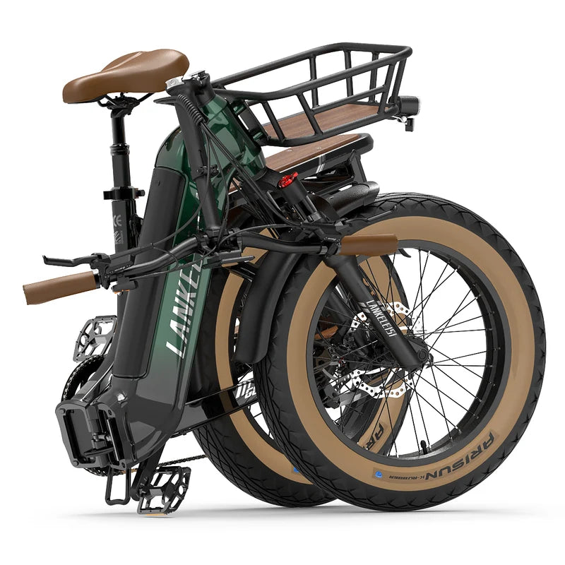 A folded LANKELEISI GOLF-X electric bicycle shown on a clean white background. The bike has a dark green frame with a large white 'LANKELEISI' logo, black metal components, brown saddle and handlebar grips, and tan sidewall tires with black tread.