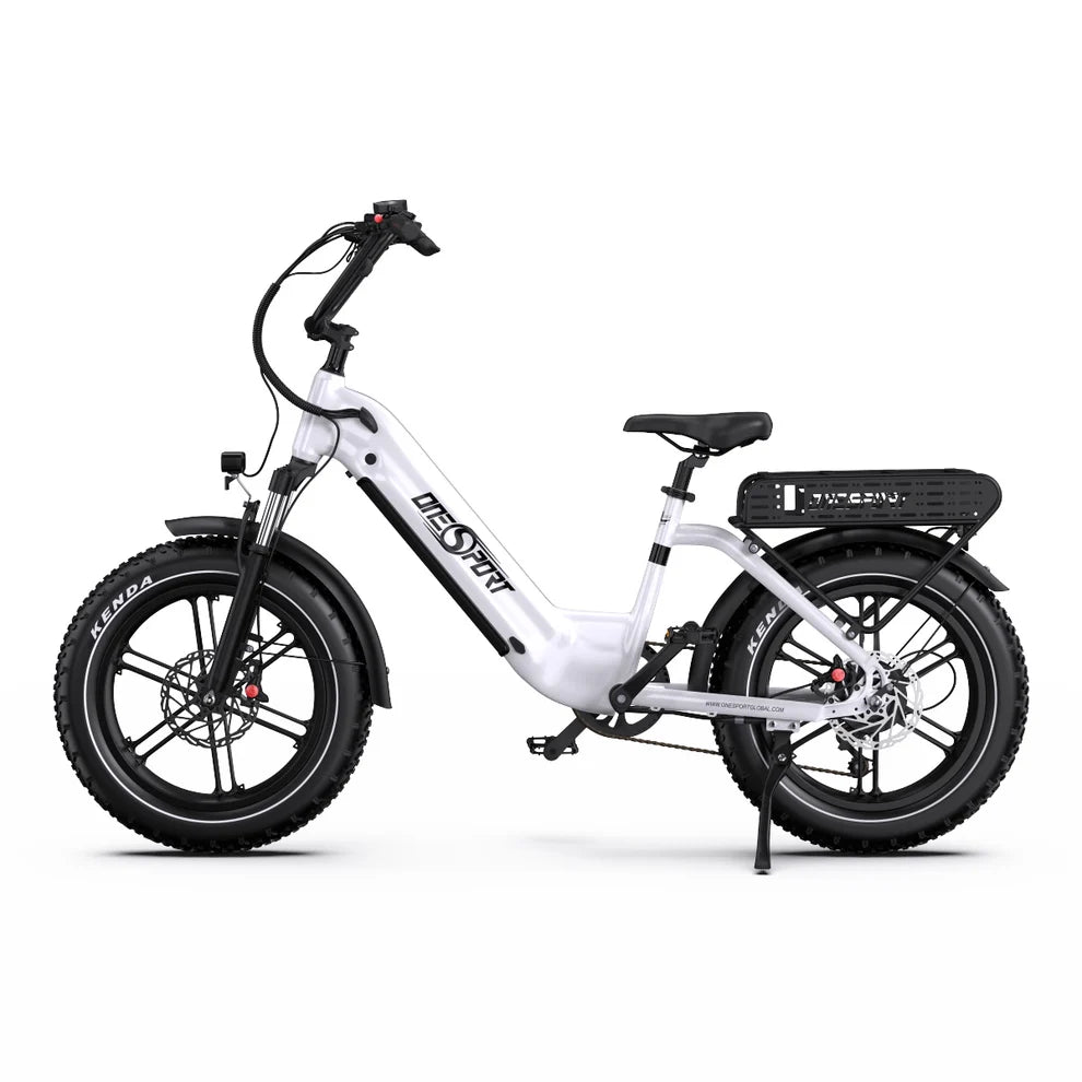 White Onesport OT08 electric bike with black accents on a white background