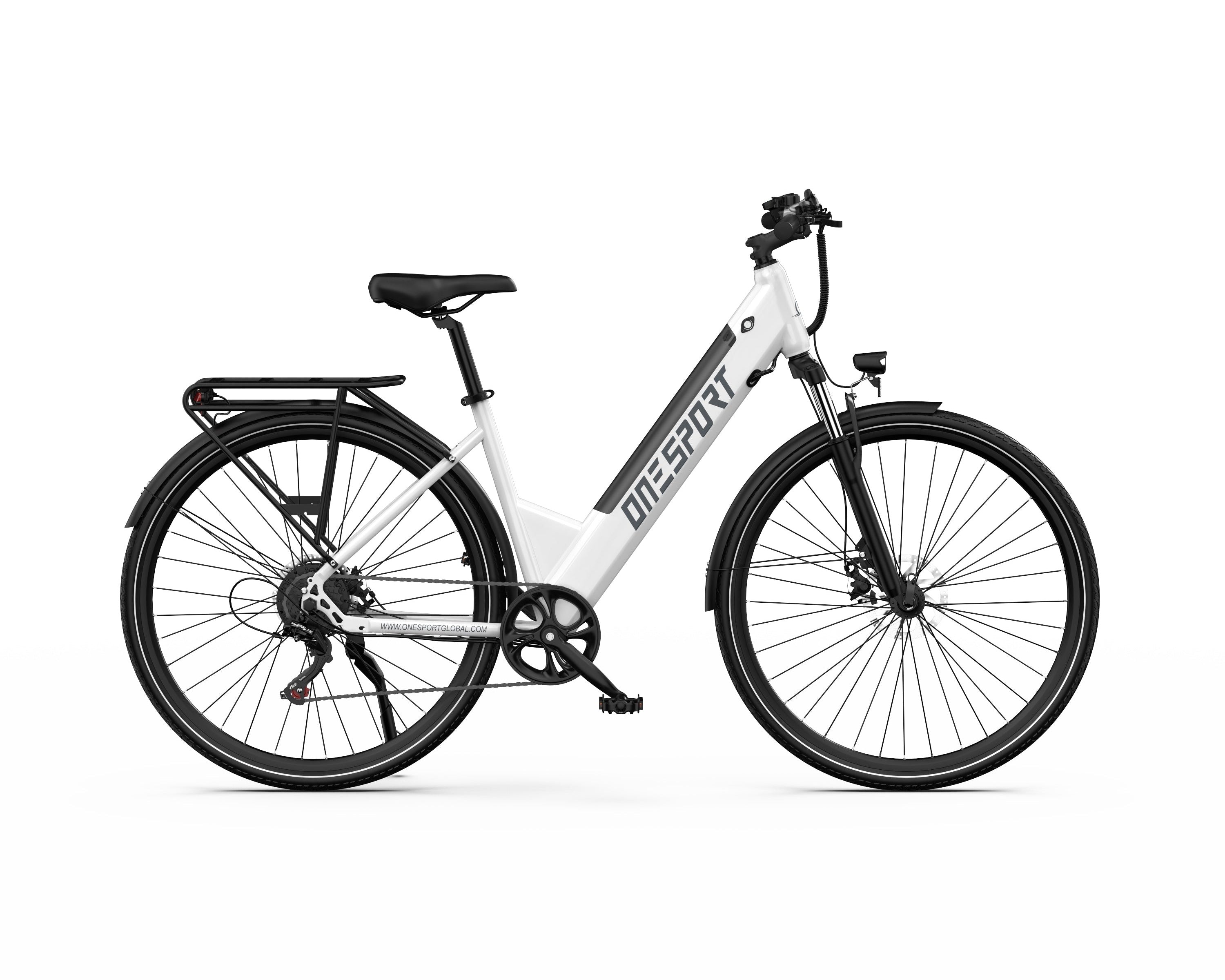 White ONESPORT OT12 Urban Electric Bike  with black accents on a white background