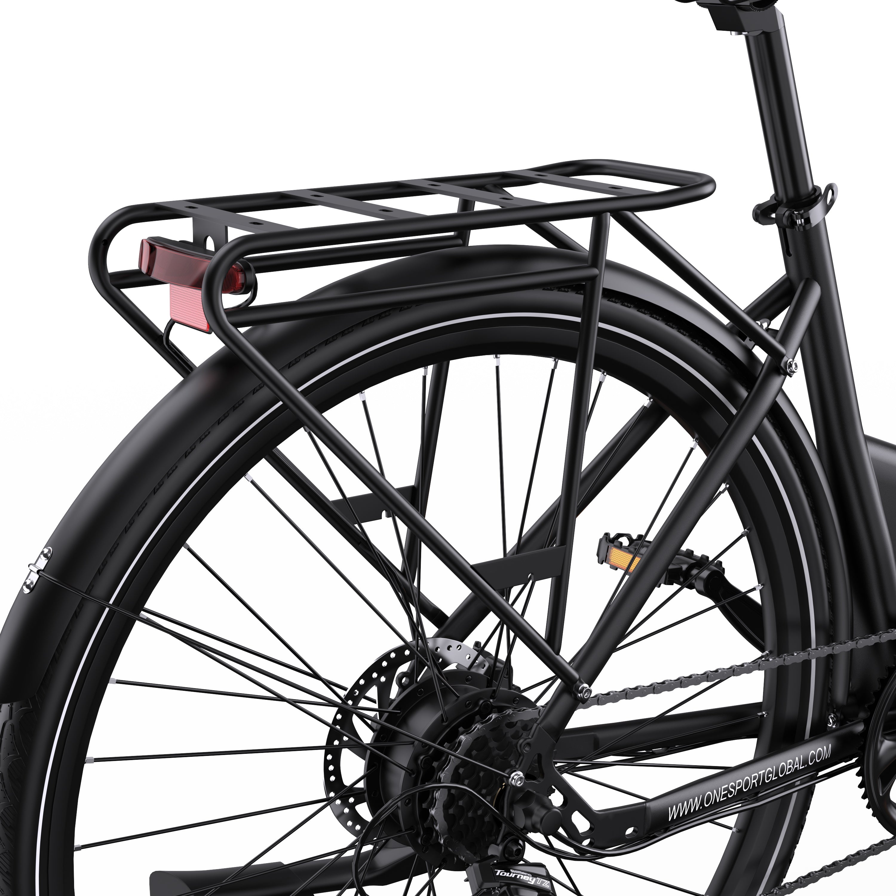 Close-up of a ONESPORT OT12 Urban Electric bicycle wheel with a black rack on a white background