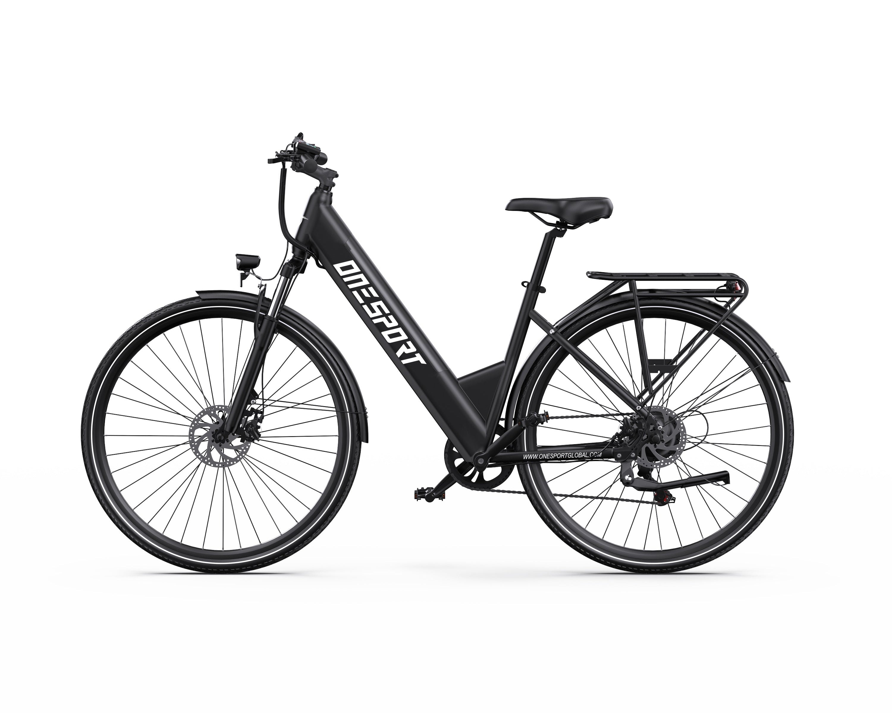 Black ONESPORT OT12 Urban Electric  bicycle on a white background - Pogo Cycles, Ireland