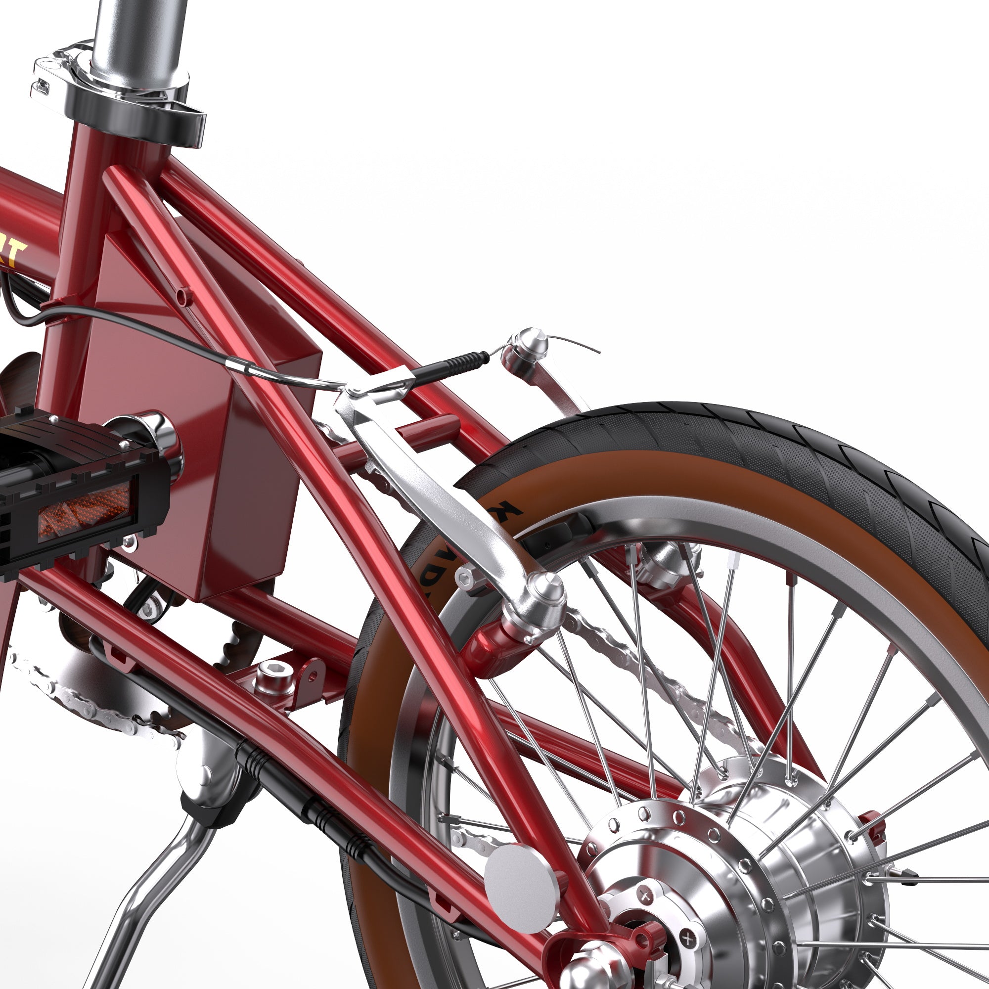 Close-up of a red OneSport OT02 Compact Folding Electric Bike frame and wheel on a white background
