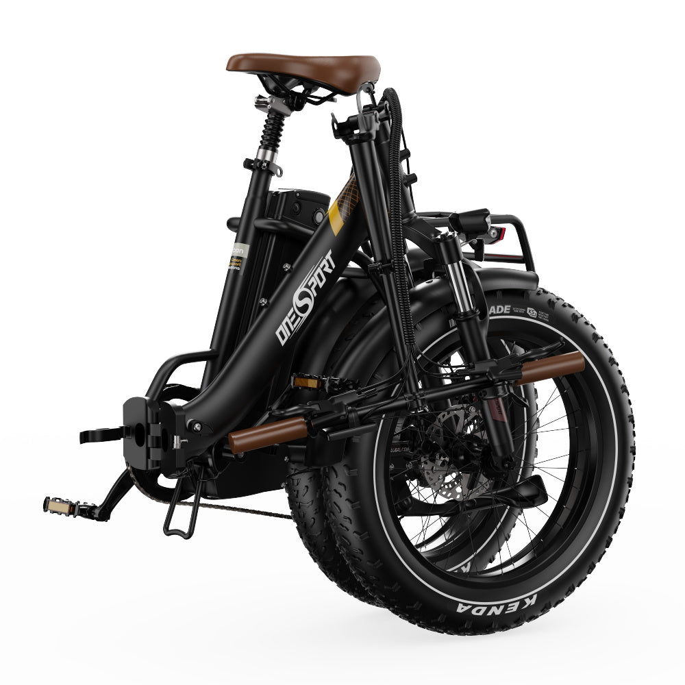 Folded Black Onesport OT16 MAX electric bike with brown seat on a white background