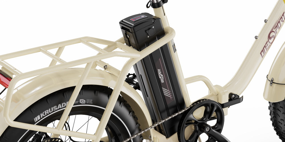 Close-up of a white Onesport OT16 MAX Folding Electric Bike with a battery pack attached, on a white background.