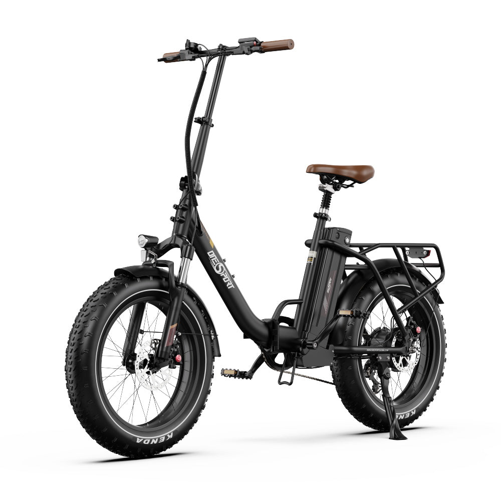 Black Onesport OT16 MAX Folding Electric Motorcycle with brown seat on a white background