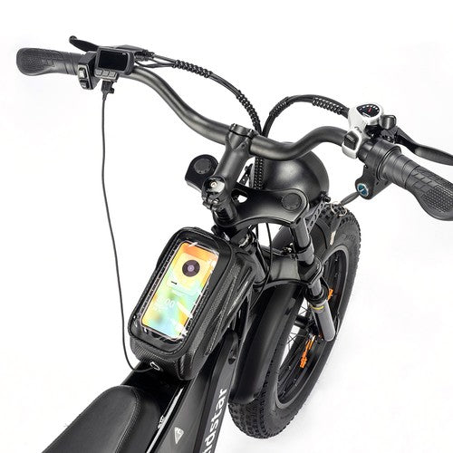 Black Ridstar Q20 Mini Electric Bike with a smartphone mount on a white background - Pogo Cycles