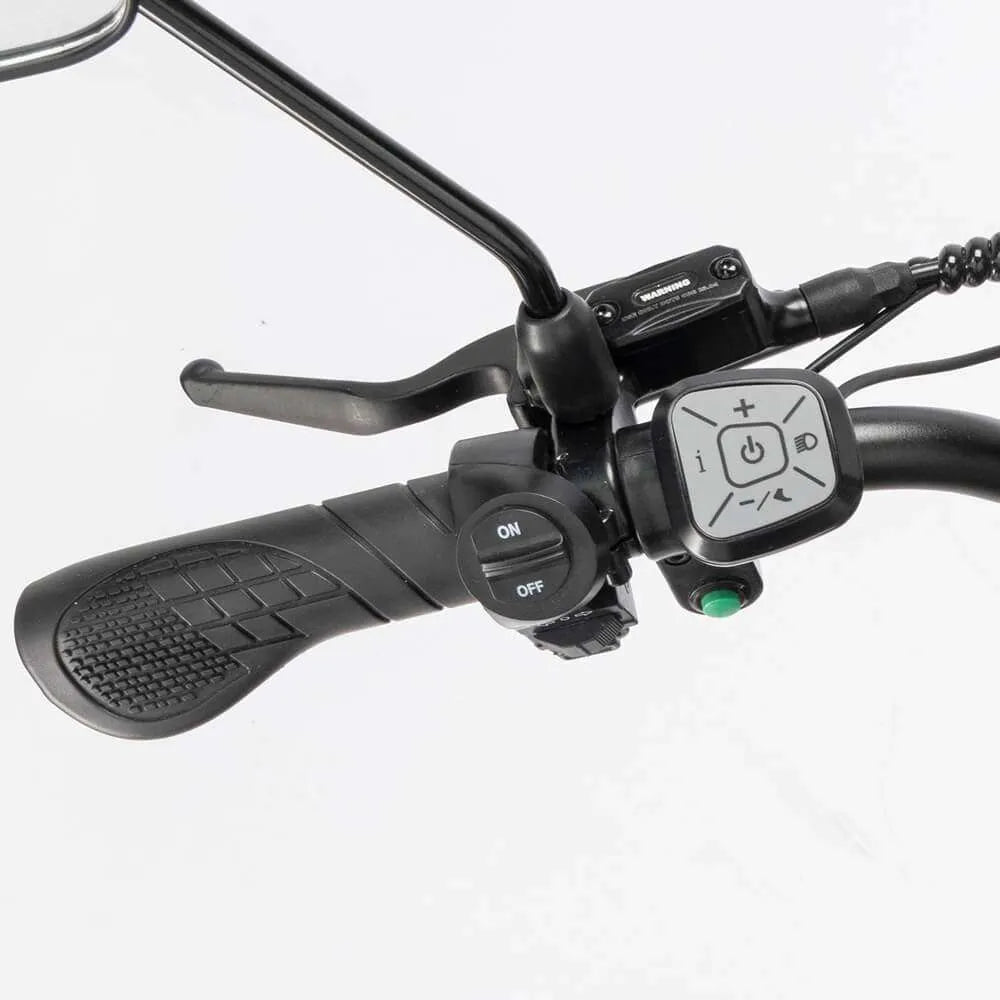 Close-up of a Ridstar Q20 Pro Electric Cargo motorcycle handlebar with control panel and throttle on a white background