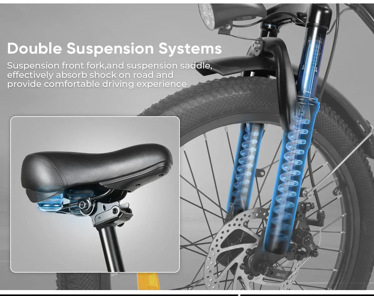 Double suspension system of Samebike CY20 Electric Motorcycle - Pogo Cycles, Ireland