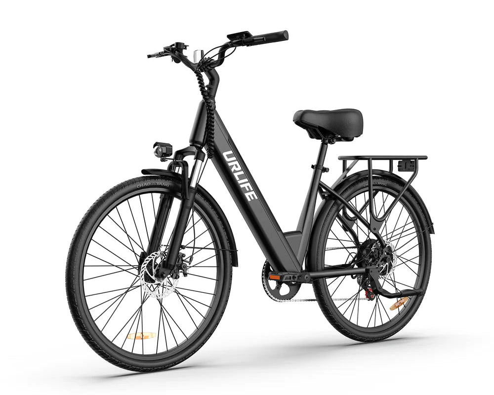 Black URLIFE E26 Step-Through Electric Cycle with 'URLIFE' branding on a white background