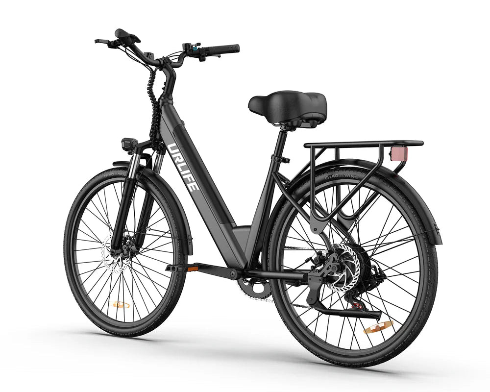 Black URLIFE E26 Step-Through Electric  bicycle on a white background