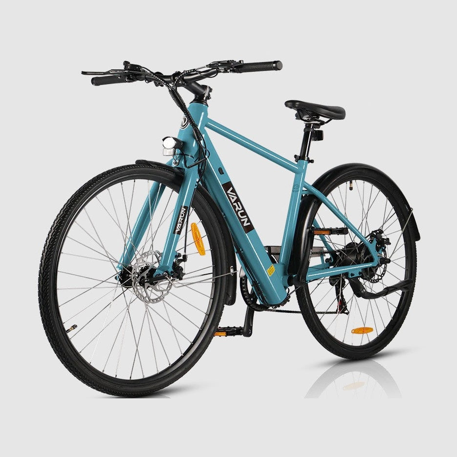 Blue VARUN C7007 Premium Commuter Electric bicycle on a gray background - Pogo Cycles
