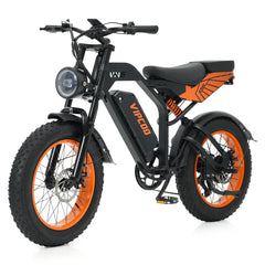 Black and orange VIPCOO VM6 Electric City Bike with visible brand name on a white background