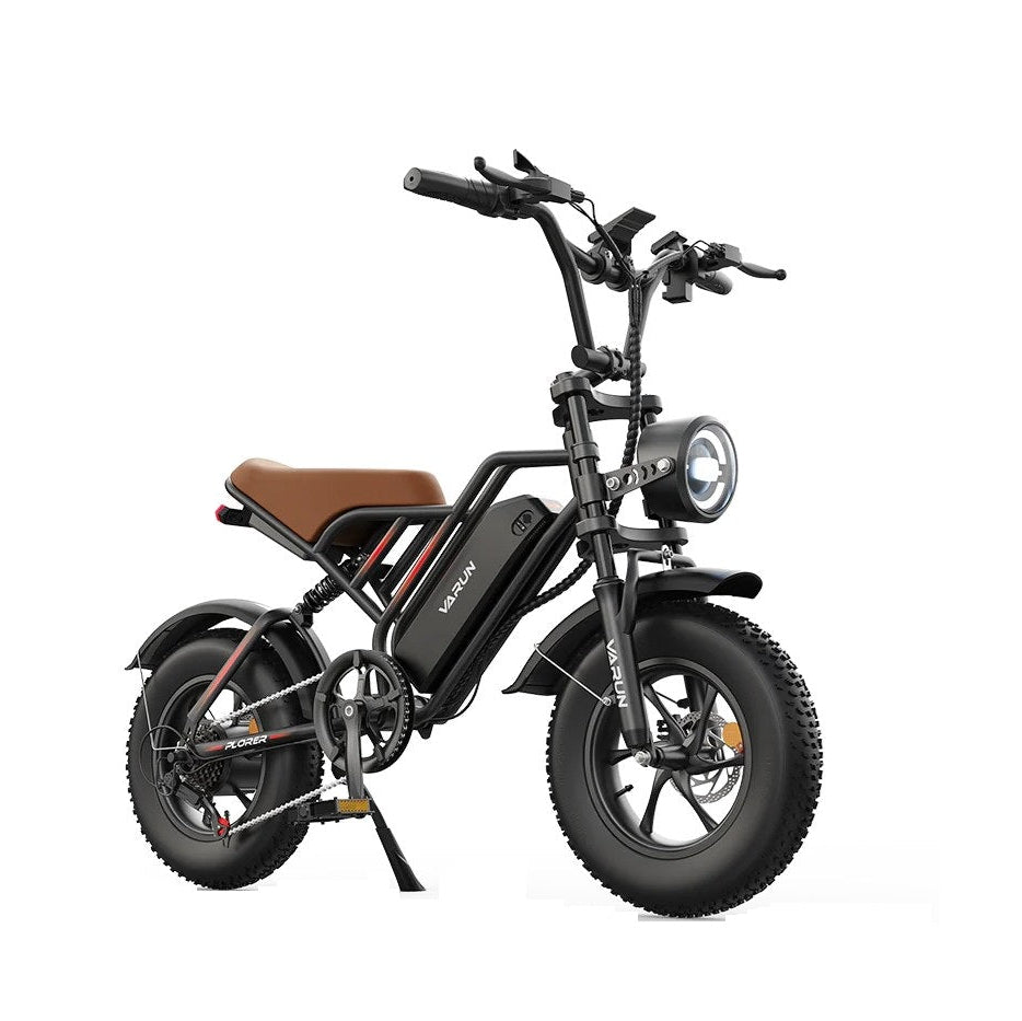 Black Varun PLORER All-Terrain Electric Bike with brown seat on a white background - Pogo Cycles