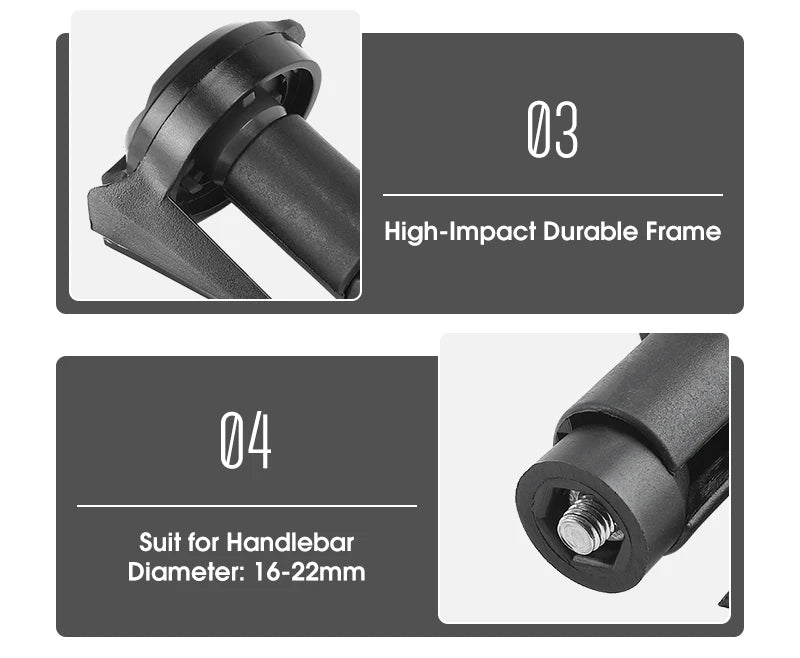 Black bicycle handlebar adapter with text indicating high-impact durability and suitable handlebar diameter.