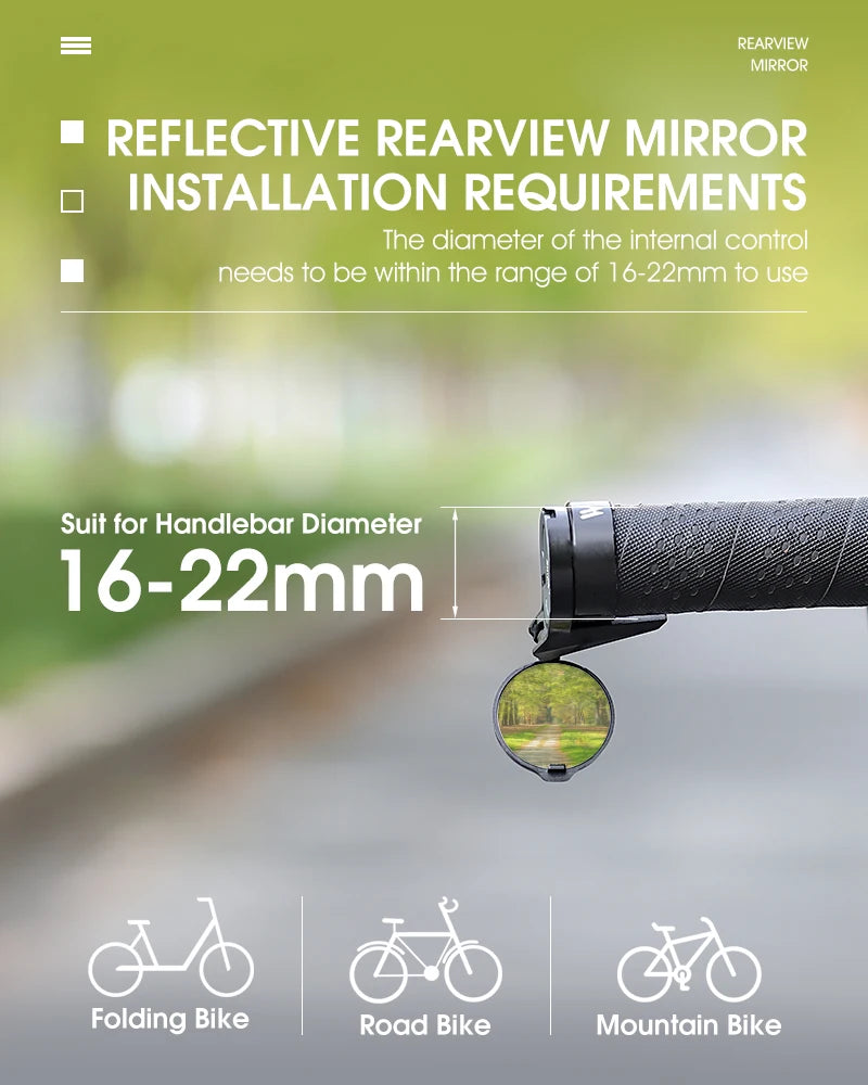 West bike Reflective rearview mirror installation requirements with a mirror attached to a handlebar on a blurred background.