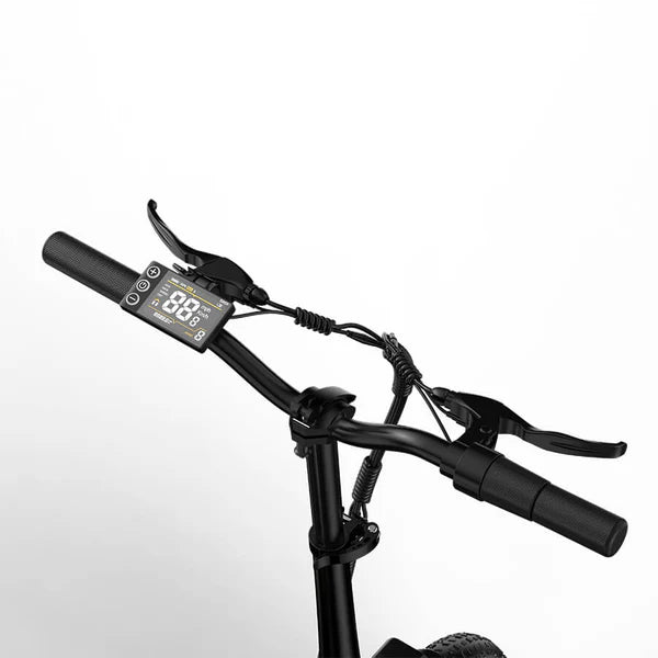 Close-up of a KOOLUX X10 Electric bicycle handlebar with digital display on a white background