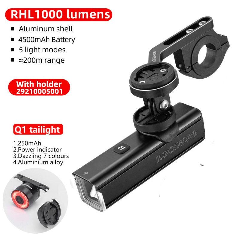 ROCKBROS 400-1000LM Bicycle Light GoPro Mount Holder USB Type-c Rechargeable Fit Garmin Bryton IGS Computer Cycling Headlight - Pogo Cycles