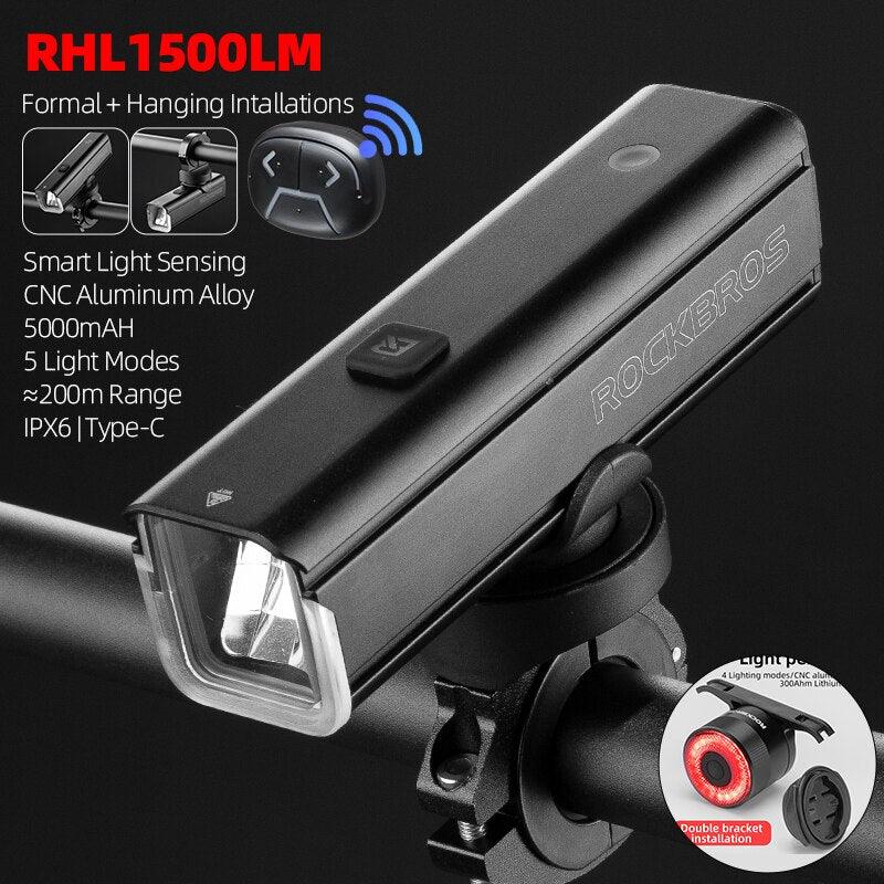 ROCKBROS Bike Front Light 1500LM 5000mAH Battery Bicycle Light Aluminum Smart Sense LED Lamp Flashlight Cycling Headlight - Pogo Cycles